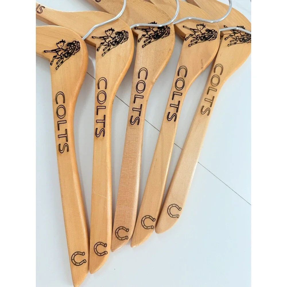 5 Custom natural wood Indianapolis Colts-branded suit hangers.